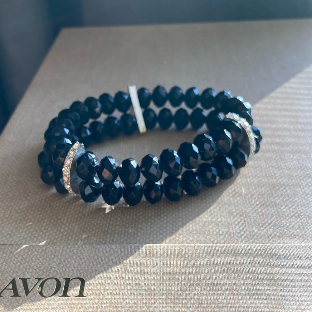 Avon Black Double Strand Faceted Beads Stretch Bracelet Rhinestone Accents B11